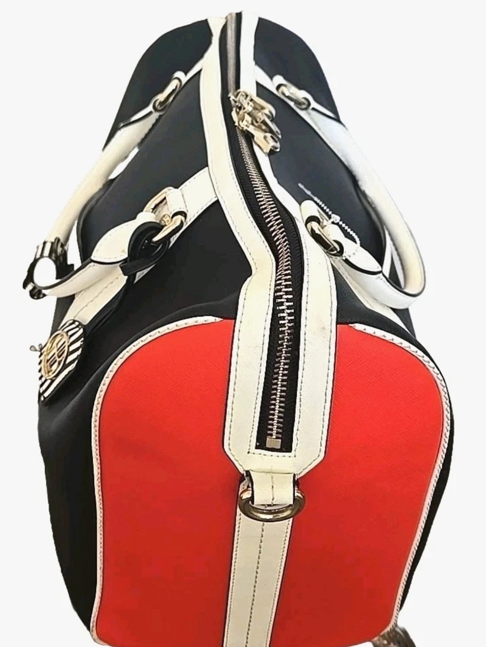 Henri Bendel Convertible Weekender Satchel Colorblock, Striped Strap, Lock & Key - Picture 2 of 15
